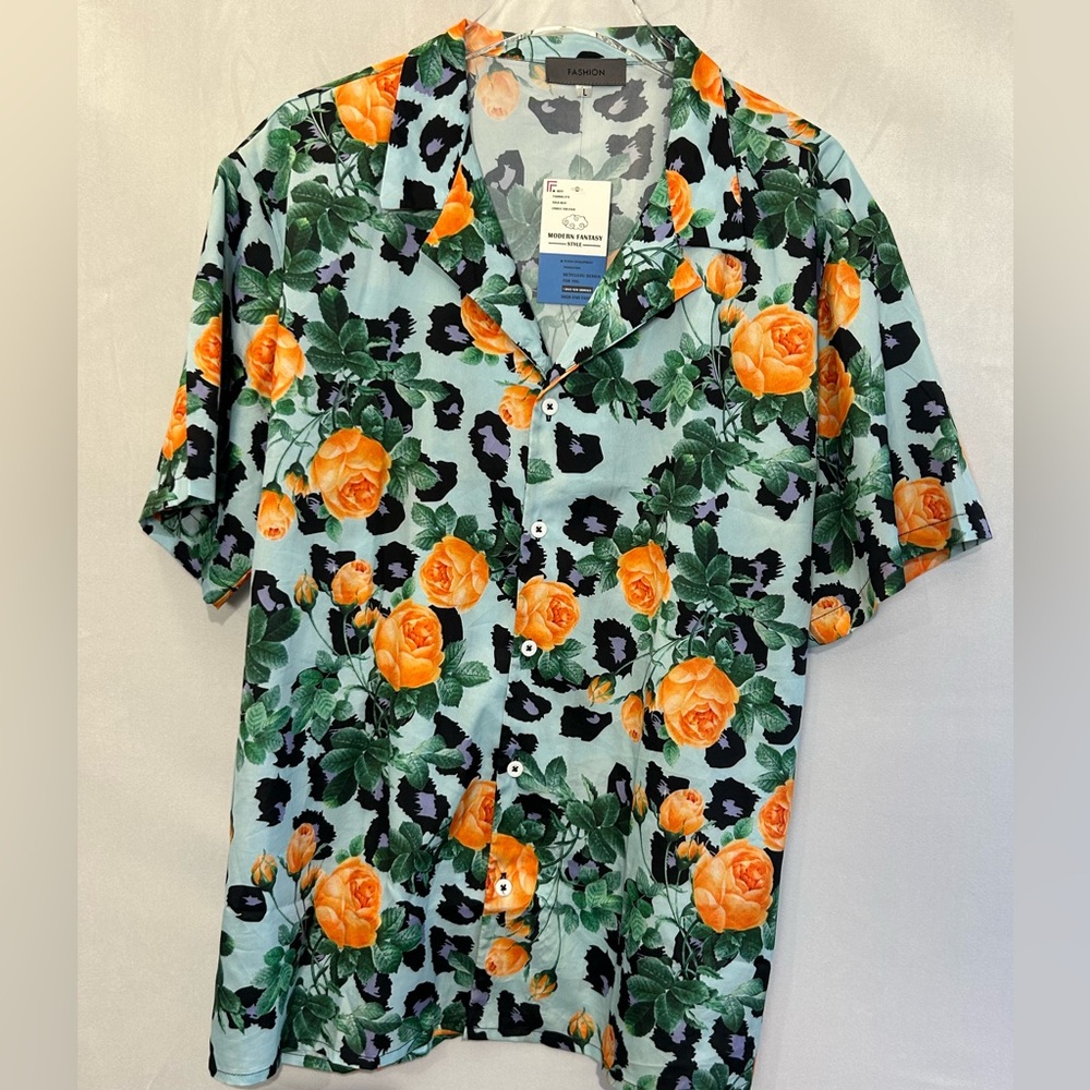 Floral Men's Shirt - Orange and Green
